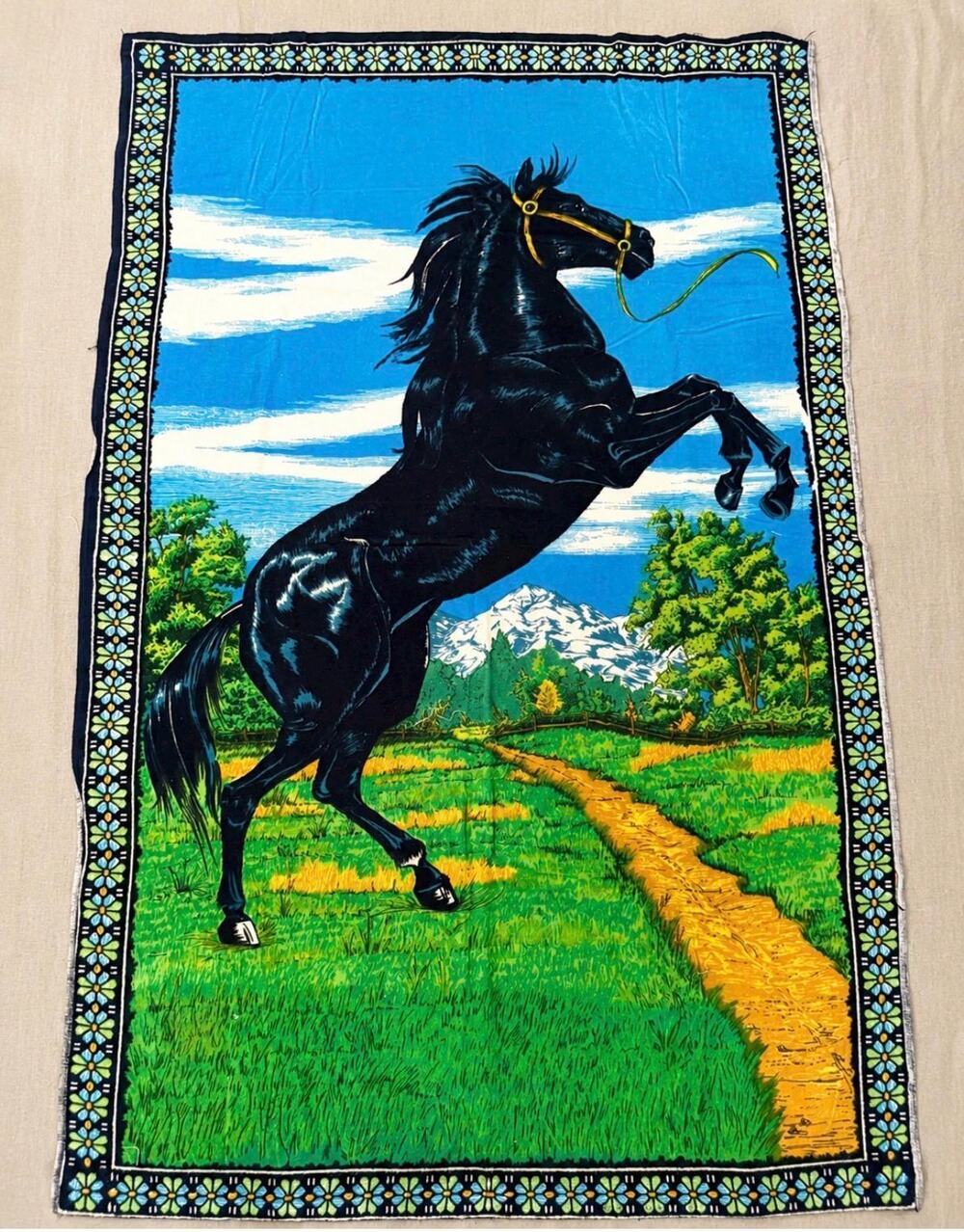 1970s-1980s Black Stallion Horse Hanging 32x50. Fabric Textile| Retro Boho